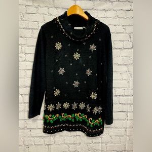 BP DESIGNS CHRISTMAS SWEATER SIZE LARGE COWL NECK BLACK BEADED SNOWFLAKES